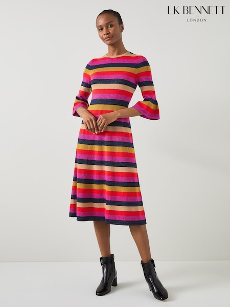 LK Bennett Alice Pink Multi Stripe Metallic Knit Frill Dress (AT7641) | €165