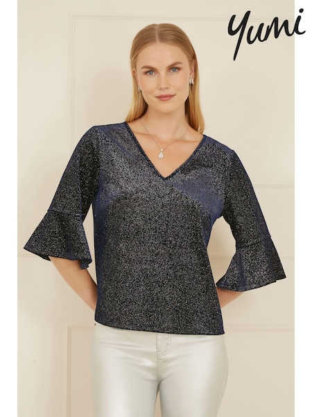 Yumi Relaxed Fit Sparkle Velvet Top With Fluted Sleeves (AT7713) | ‏251‏₪