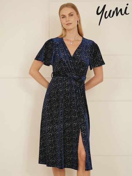 Yumi Blue Velvet Sparkle Wrap Midi Dress (AT7714) | 322 QAR