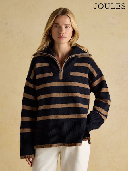 Joules Waverley Wool-Rich Navy & Tan Stripe Quarter Zip Funnel Neck Jumper (AT7793) | R$ 880