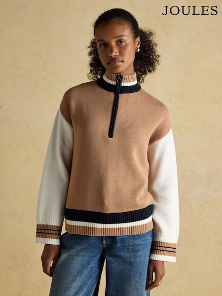 Joules Varsity Brown/Cream Colourblock 1/4 Zip Cotton Jumper (AT7802) | € 75