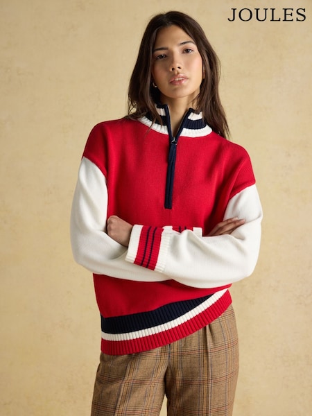 Joules Varsity Red/Cream Colourblock 1/4 Zip Cotton Jumper (AT7803) | €76.95