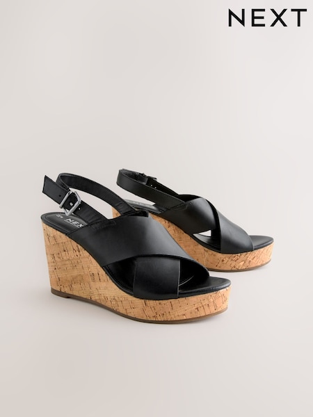 Negru - Forever Comfort® Pantofi din piele cu degete rotunde, cu răscroială pe platformă Slingback (AT7955) | 313 LEI