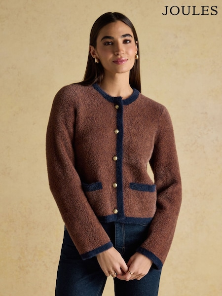 Joules Georgia Brown & Navy Herringbone Eyelash Knitted Cardigan (AT7981) | €105