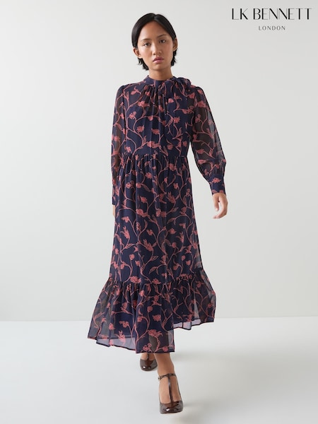 LK Bennett Blue Selina Petite Spring Navy & Bright Pink  Sketchy Floral Print Georgette Dress (AT8022) | €381