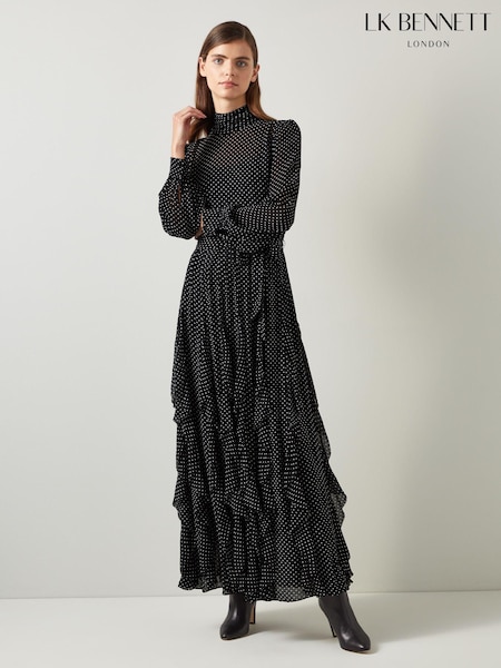 LK Bennett Lucie Black & Ivory Polkadot Ruffle Maxi Dress (AT8024) | 1,918 LEI
