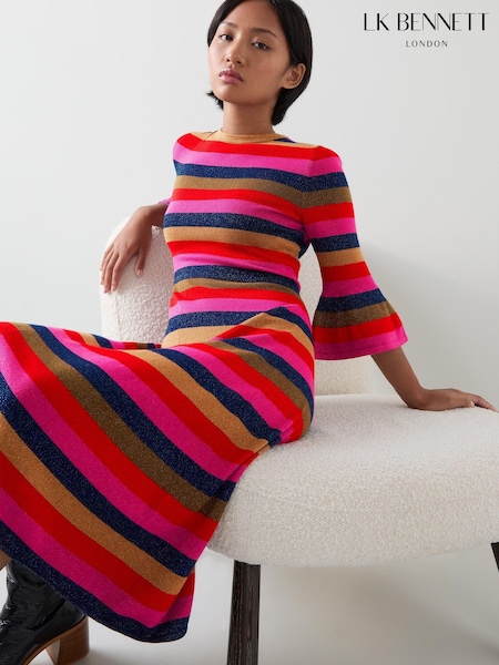 LK Bennett Red Alice Petite Pink Multi Stripe Metallic Knit Frill Dress (AT8025) | 616 QAR