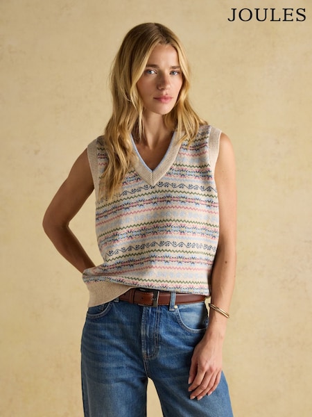 Creme - Joules Islay V Neck Fairisle Cotton Rich Vest (AT8028) | R$ 585
