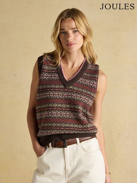 Joules Islay Brown V Neck Fairisle Cotton Rich Vest (AT8045) | R$ 585