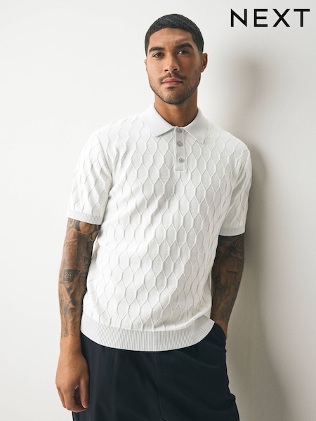 Light Grey Regular Fit 100% Cotton Short Sleeve Geometric Pattern Knit Polo Shirt (AT8094) | €37