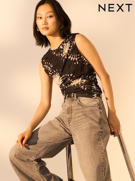 Black/White Print Sleeveless Ruched Mesh Top (AT8097) | R$ 210