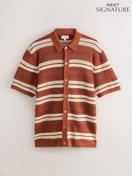 Rust Orange Regular Fit Silk Rich Signature Stripe Short Sleeve Knit Crochet Button Through Polo Shirt (AT8103) | €69