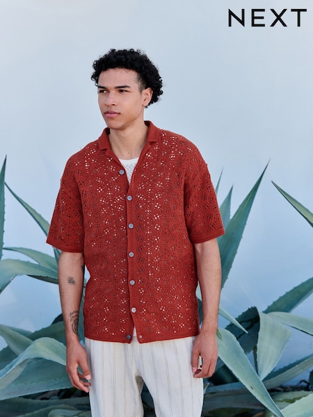 Rust Red Relaxed Fit Cotton Rich Short Sleeve Crochet Knit Shirt with Cuban Collar (AT8104) | €51