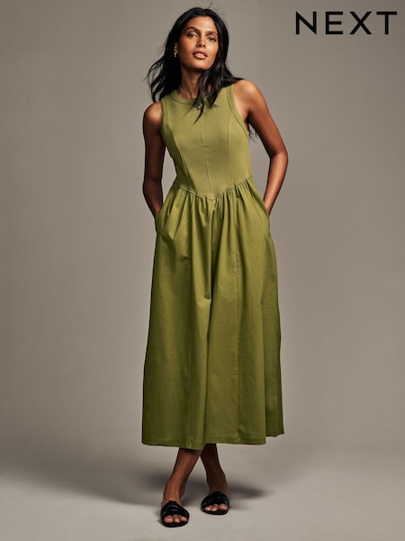 Khaki Green Woven Jersey Mix Sleeveless Racer Ribbed Midi Dress (AT8292) | LEI 204