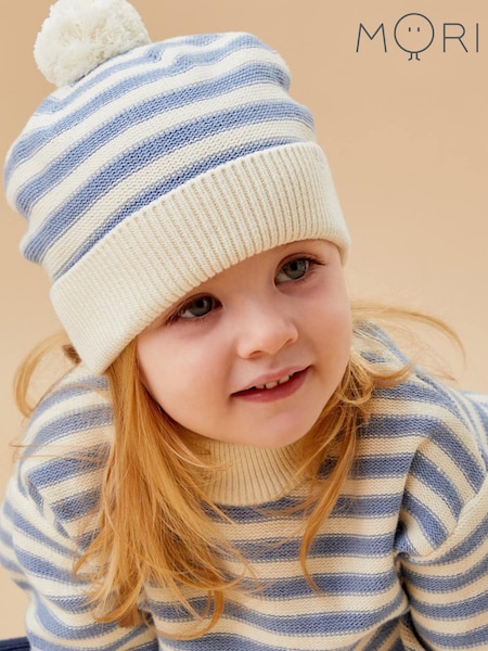 MORI Blue Stripe 100% Cotton Cosy Bobble Hat (AT8460) | €31