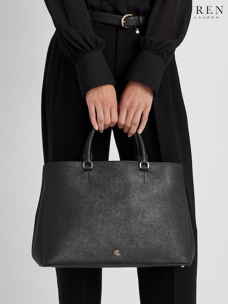 Lauren Ralph Lauren Hanna Crosshatch Leather Black Satchel Bag (AT8469) | kr6 300
