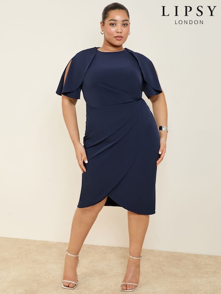 Navy Curve Cape Sleeve Gathered Side Midi Bodycon Dress (AT8497) | ₪262