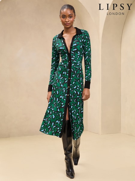 Lipsy Green Animal Printed Long Sleeve Jersey Shirt Dress (AT8527) | €51.50