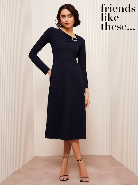 Friends Like These Navy Long Sleeve Buckle Tailored Midi Dress (AT8627) | $79