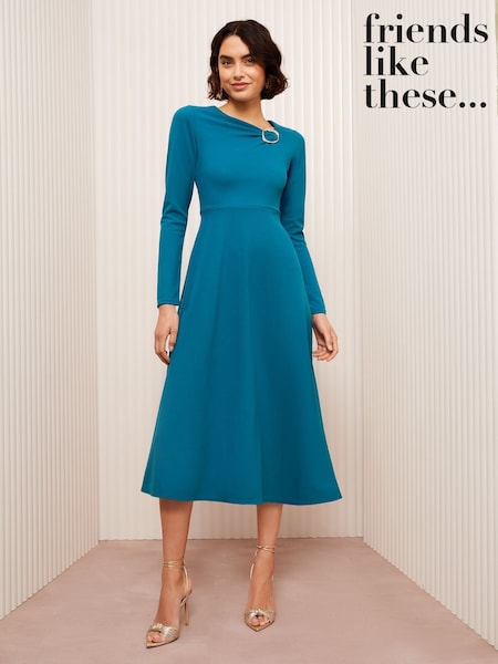 Friends Like These Teal Blue Long Sleeve Buckle Tailored Midi Dress (AT8628) | 228 QAR