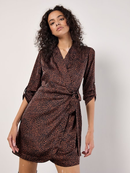 Apricot Orange Micro Animal Print Tie Wrap Dress (AT8634) | €24