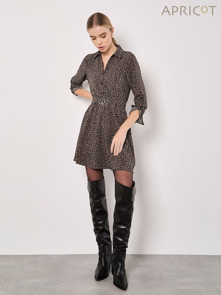 Apricot Brown Petal Print Circle Belt Dress (AT8639) | €44