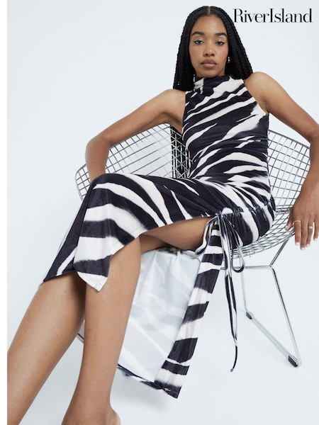 River Island Zebra Print Velvet Ruched Midi Dress (AT8971) | 192 LEI