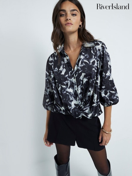 River Island Black Long Sleeve Floral Wrap Shirt (AT8980) | AED102