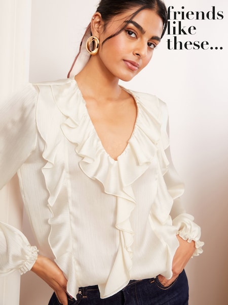 Friends Like These Ivory Long Sleeve Crinkle Satin Ruffle Front Blouse (AT9127) | AED204