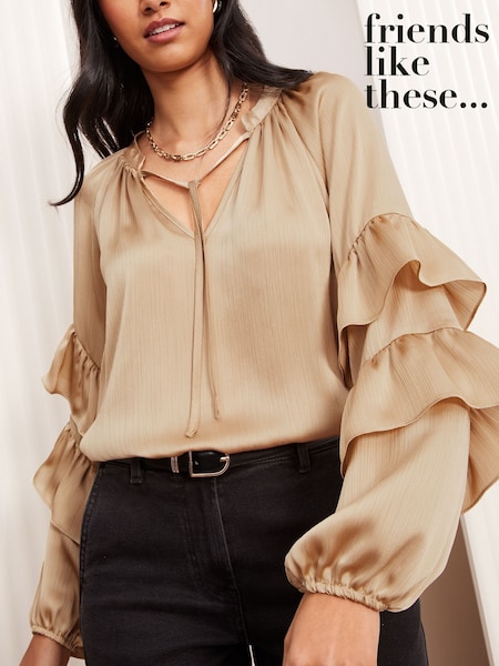 Friends Like These Gold Crinkle Satin Ruffle Sleeve Blouse (AT9133) | 173 QAR