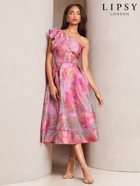 Lipsy Premium Frill One Shoulder Floral Jacquard Prom Midi Dress (AT9205) | €221