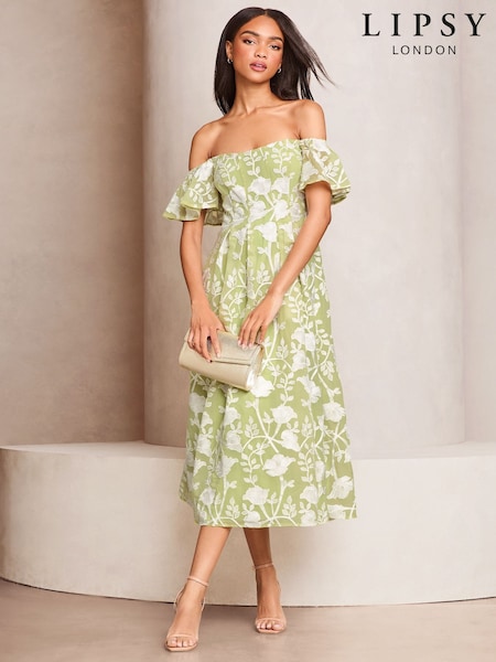Lipsy Premium Floral Embroidered Bardot Midi Prom Dress (AT9213) | 191 €