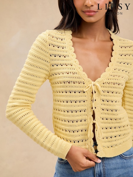 Lipsy Buttermilk Yellow V-Neck Scalloped Edge Tie Front Knitted Cardigan (AT9224) | €56