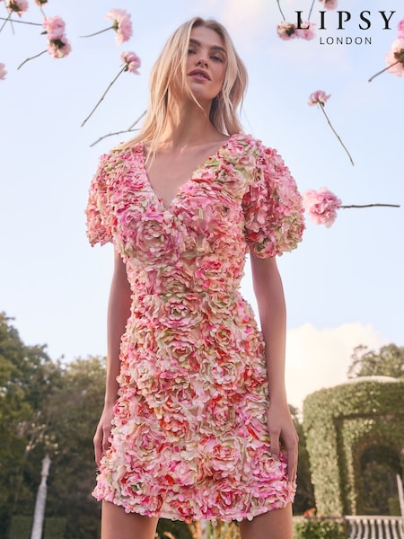 Lipsy Pink Premium Textured 3D Floral Short Sleeve Skater Mini Dress (AT9226) | ₪729