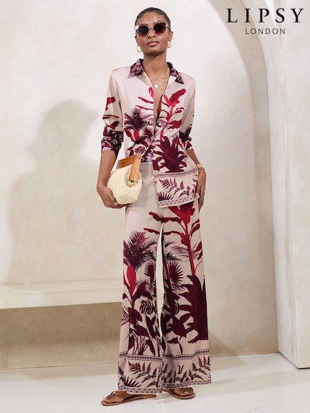 Lipsy Pink Satin Printed Wide Leg Trousers (AT9252) | 198 QAR