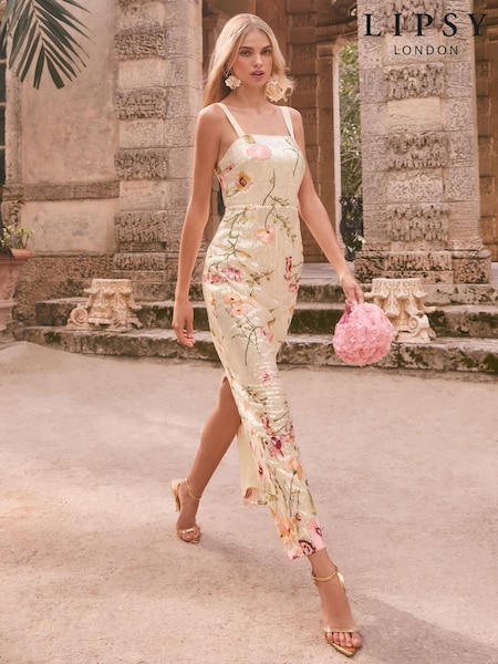 Lipsy Cream Premium Sequin Embroidered Cami Maxi Dress (AT9282) | ₪779