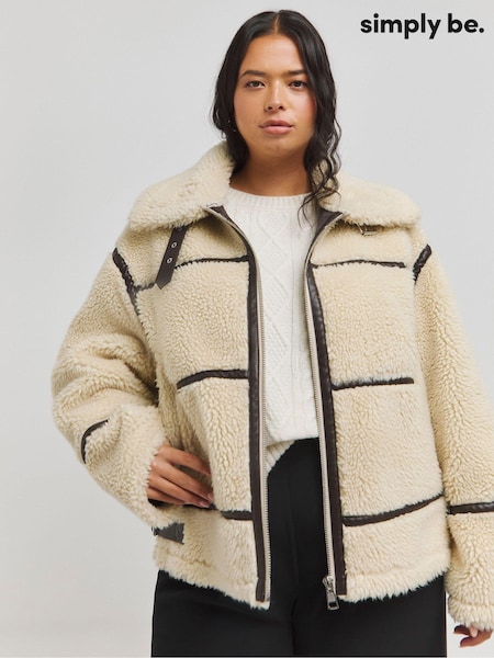 Simply Be Cream Borg Trim Aviator Coat (AT9318) | ₪377
