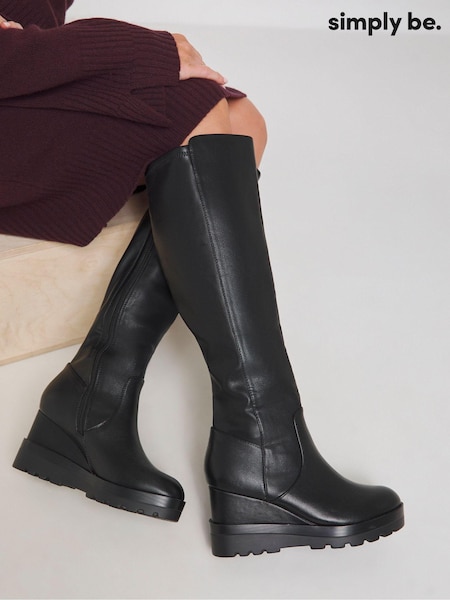 Simply Be Black Extra Wide Fit  Stretch Knee High Wedge Boots With Small Stud Detailing With Super Curvy Calf (AT9328) | AED305