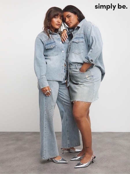 Simply Be Blue Light Wash 100% Cotton Embellished Wide Leg Jeans (AT9344) | €32