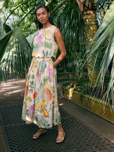 Kew Gardens Multicoloured Fruit Print - Broderie Embroidered Skirt (AT9421) | ‏227‏₪