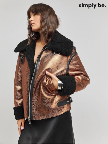 Simply Be Copper Shearling Aviator Coat (AT9429) | 443 LEI
