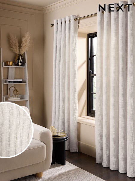White Crinkle Chenille Eyelet Lined Curtains (AT9553) | €86 - €192