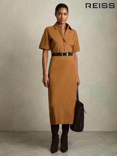 Reiss Mustard Astrid Jersey Open-Collar Bodycon Dress (AT9572) | $248