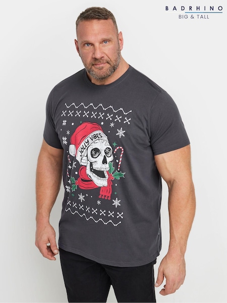 BadRhino Big & Tall Grey Jolly Vibes Christmas 100% Cotton T-Shirt (AT9621) | $35