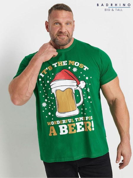 BadRhino Big & Tall Green 100% Cotton Christmas Beer T-Shirt (AT9643) | $35