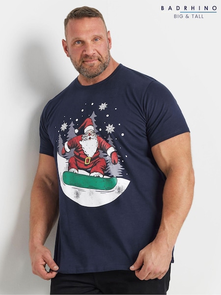 BadRhino Big & Tall Blue 100% Cotton Santa Snowboard Christmas T-Shirt (AT9661) | $35