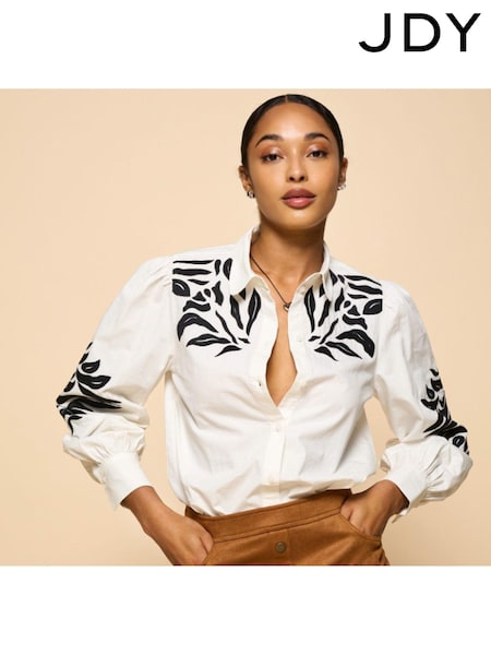 JDY White Embroidered Long Sleeve 100% Cotton Shirt (AT9679) | 131 QAR