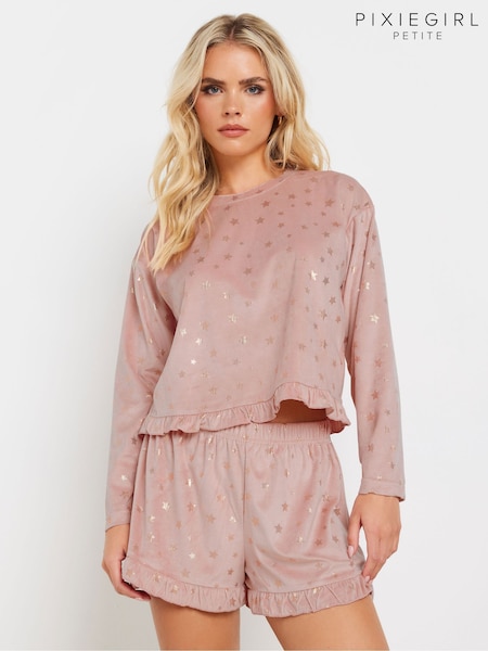 وردي - PixieGirl Petite Luxe Fleece Foil Star Pyjama Short Set (AT9877) | ‏168 ر.ق.