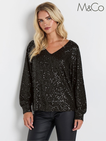 M&Co Petite V-Neck Long Sleeve Sequin Top (AT9891) | 245 LEI