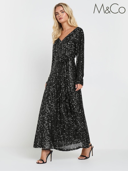 M&Co Silver Petite Long Sleeve Sequin Maxi Dress (AT9898) | AED349